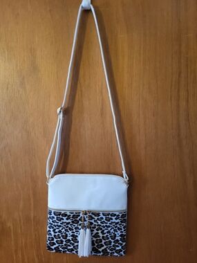 White Leopard Print Crossbody Bag with Tassel